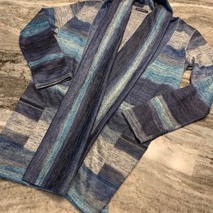 David Cline Aqua and Navy Shaw Collar Cardigan. Soft and roomy. Size S